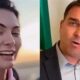 Michelle Bolsonaro sorrindo e Flávio Bolsonaro falando em close-up, em tela dividida