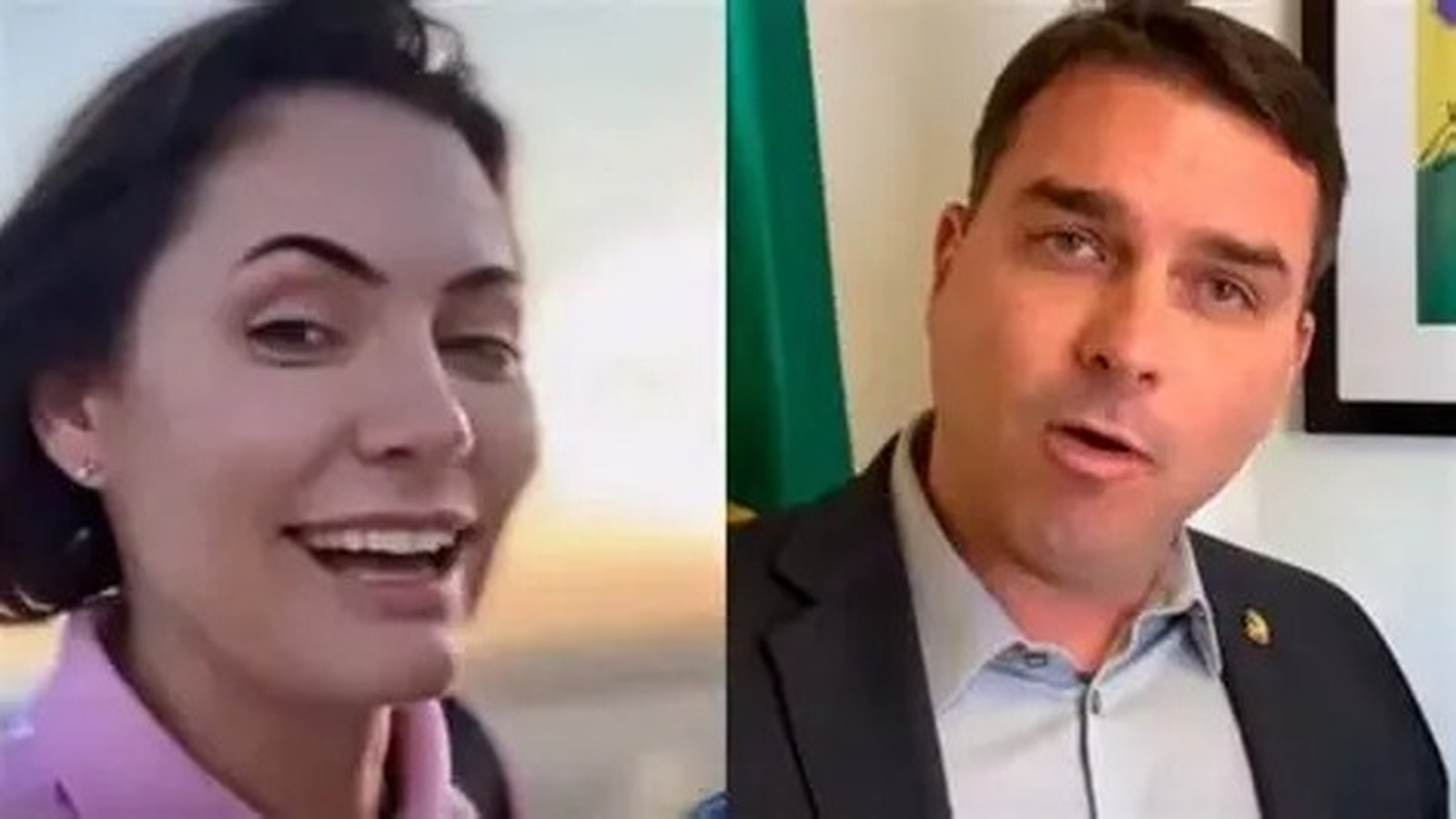 Michelle Bolsonaro sorrindo e Flávio Bolsonaro falando em close-up, em tela dividida