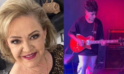 Split imagem com uma mulher idosa à esquerda e um jovem tocando guitarra elétrica à direita