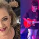 Split imagem com uma mulher idosa à esquerda e um jovem tocando guitarra elétrica à direita