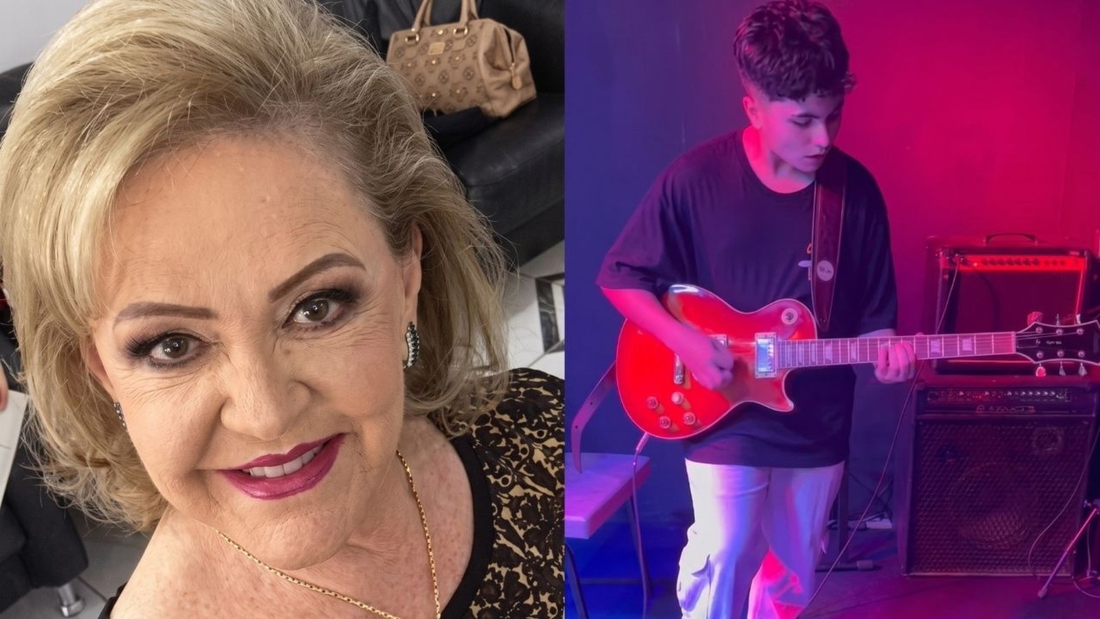 Split imagem com uma mulher idosa à esquerda e um jovem tocando guitarra elétrica à direita