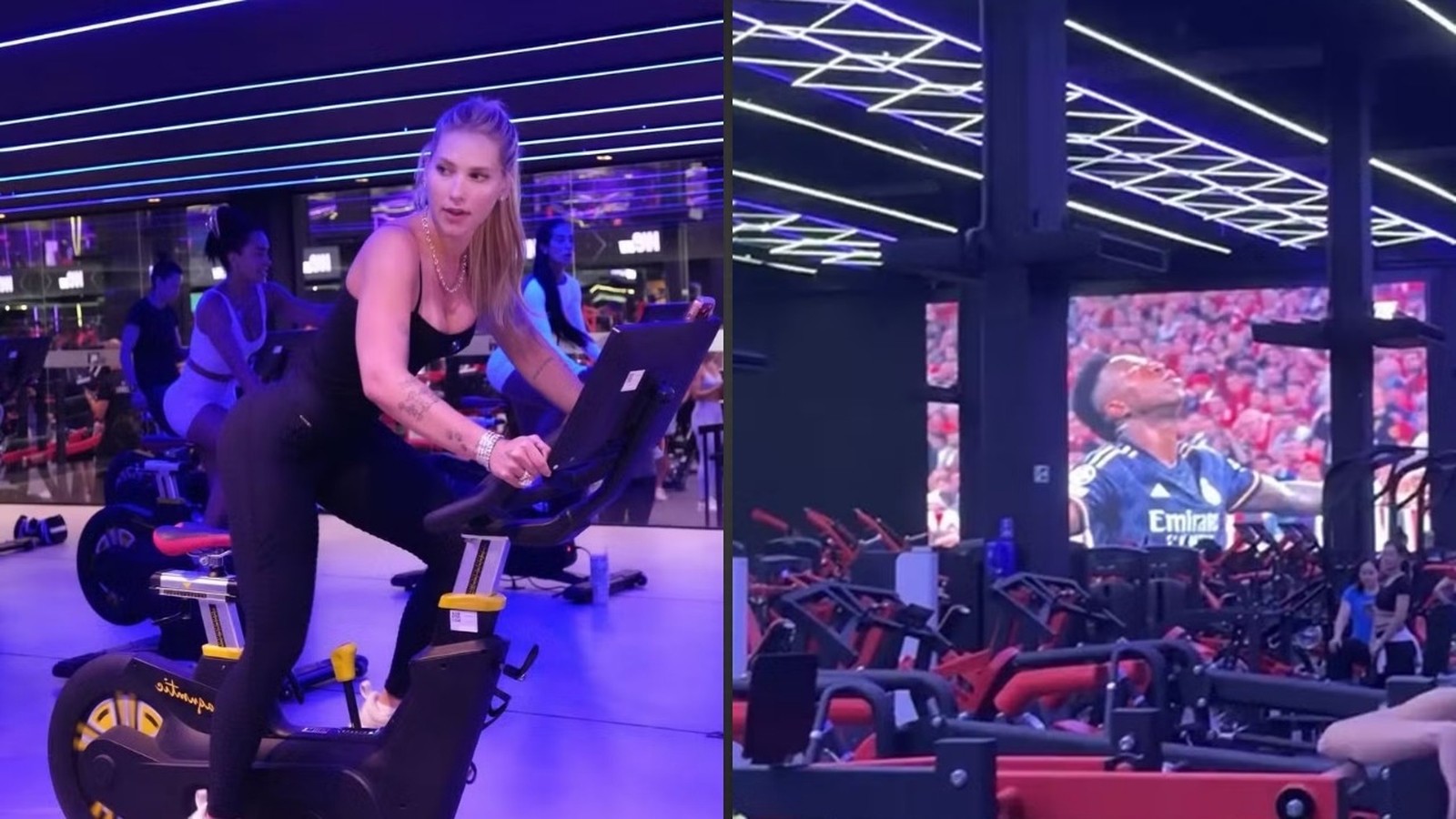 Mulher em bicicleta ergométrica e projeção de Vini Jr. em tela grande na academia