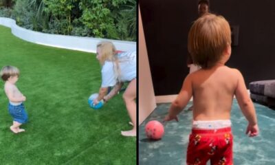 Duas cenas: menino brinca com bola na grama com mulher, e menino com bola rosa em ambiente interno