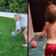 Duas cenas: menino brinca com bola na grama com mulher, e menino com bola rosa em ambiente interno