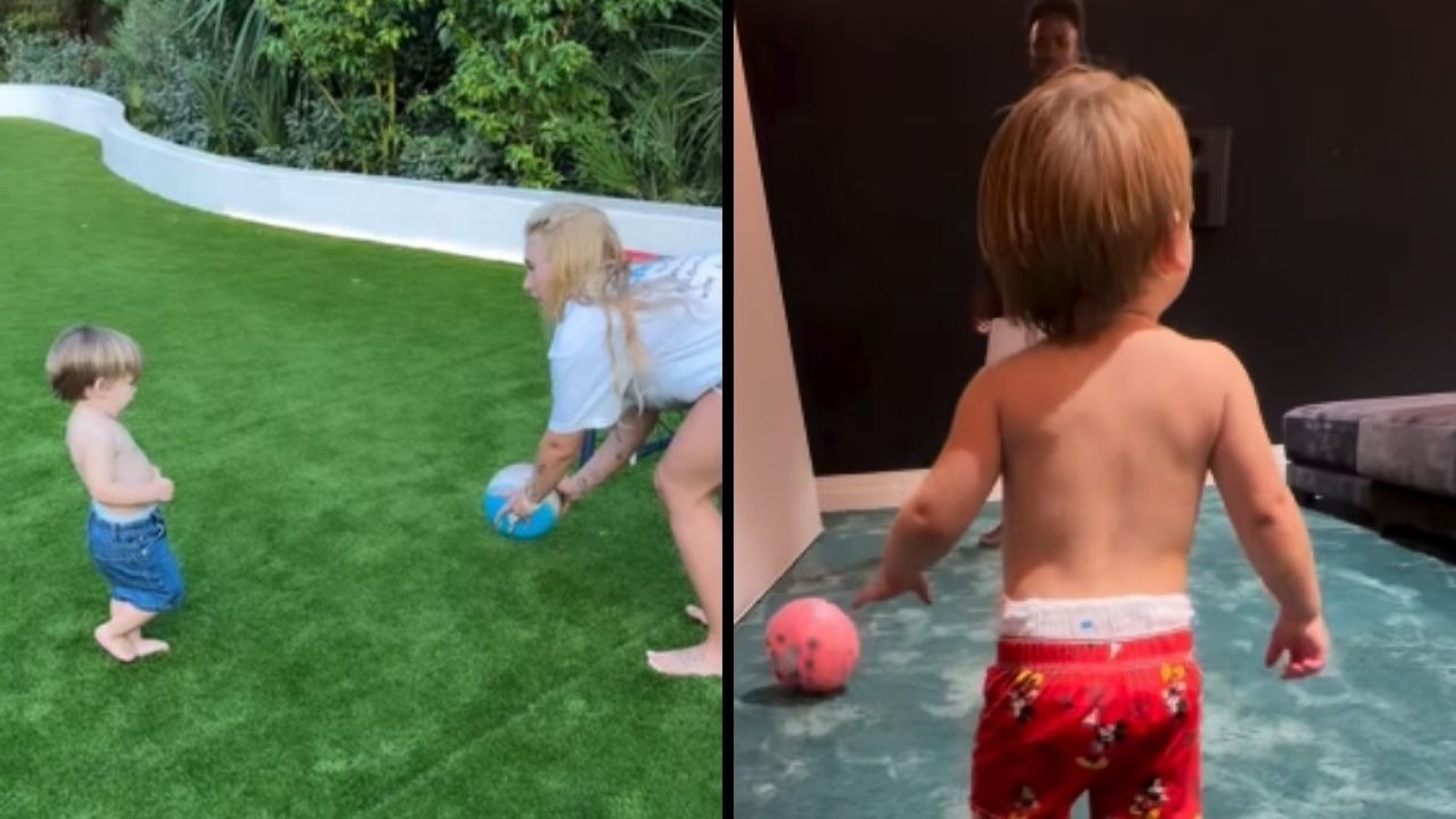 Duas cenas: menino brinca com bola na grama com mulher, e menino com bola rosa em ambiente interno