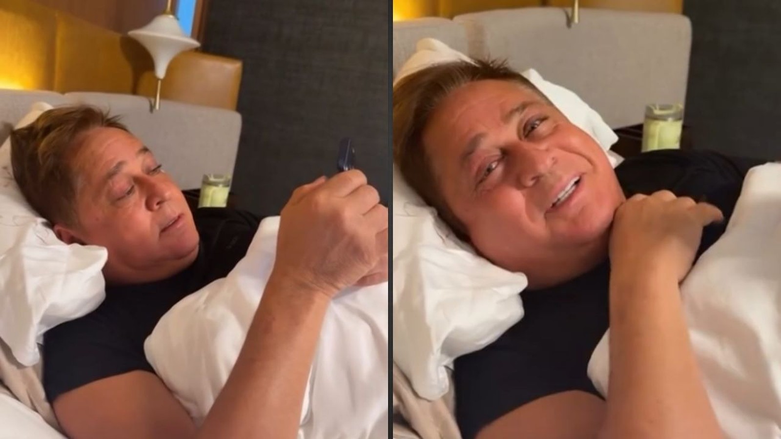 O cantor Leonardo deitado na cama em duas cenas, uma com celular, outra sorrindo