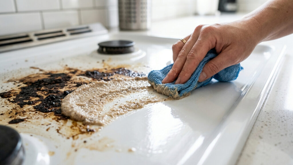Misturar pedra-pomes em pó com sabão líquido concentrado: a pasta abrasiva suave que remove gordura queimada de fogões esmaltados sem arranhar
