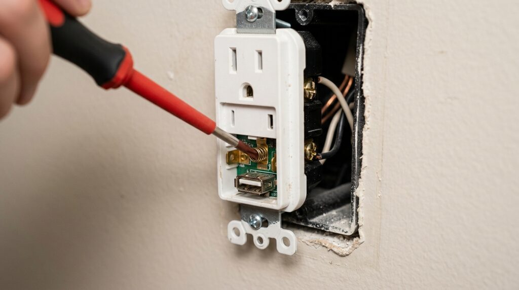 Eletricista ensina como aumentar a eficiência das tomadas USB usando ajuste dos terminais internos para corrigir falhas de alimentação sem substituir o conjunto elétrico