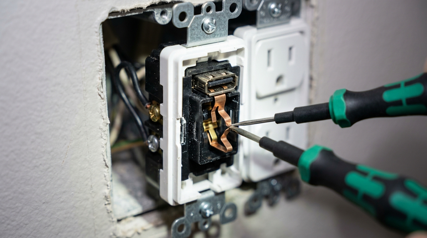 Eletricista ensina como aumentar a eficiência das tomadas USB usando ajuste dos terminais internos para corrigir falhas de alimentação sem substituir o conjunto elétrico