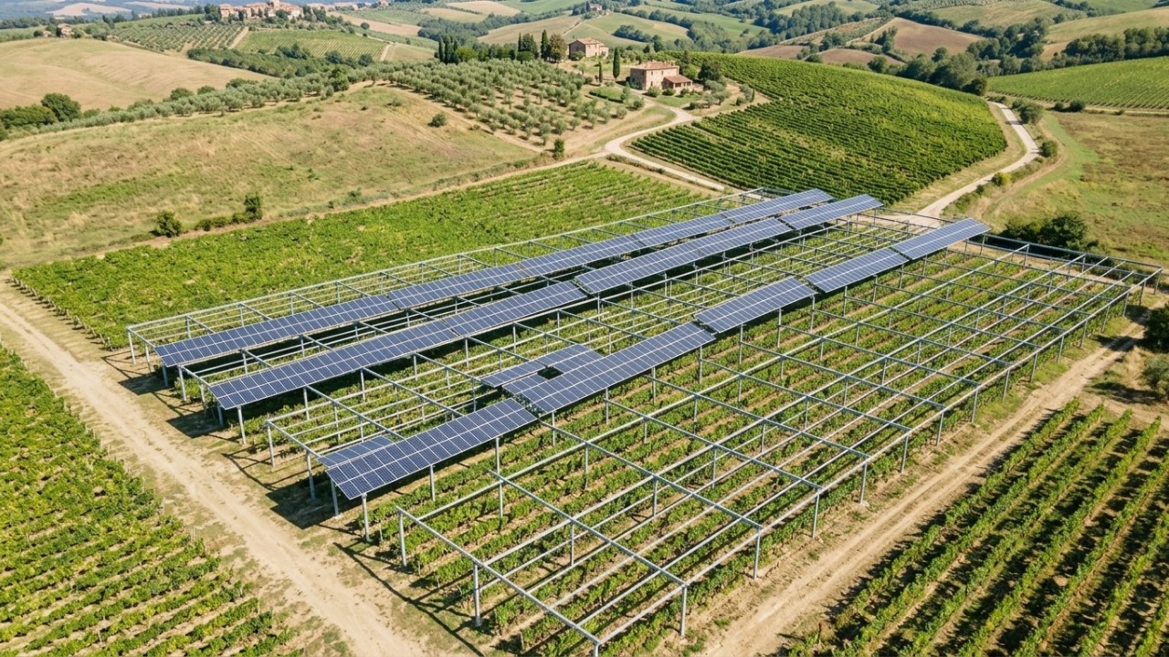 Em 2025, pesquisadores plantaram videiras sob painéis solares e descobriram que as plantas sombreadas produziram 27,7% mais uvas do que aquelas em sol pleno