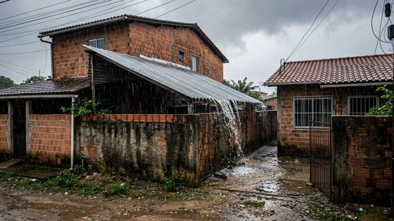 Vizinho constrói telheiro de 30 m² inclinado para o terreno do lado, joga toda a água da chuva no quintal alheio por dois invernos e responde por R$ 15 mil em danos na estrutura da casa vizinha
