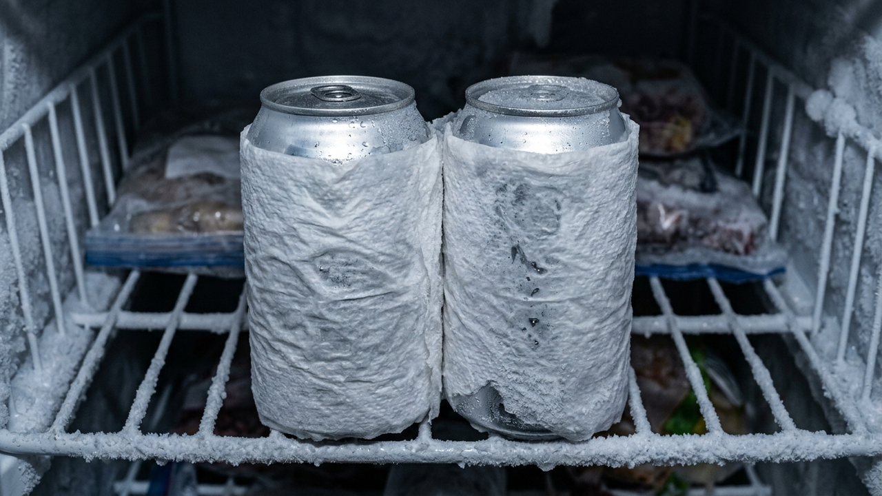 Enrolar latinhas em papel-toalha molhado antes de colocar no freezer: a técnica simples que gela cerveja e refrigerante em apenas 5 minutos