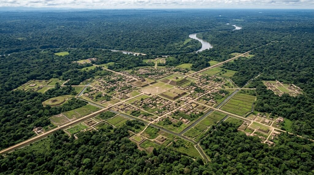 Mapeamentos a laser revelaram estruturas pré-colombianas escondidas pela vegetação, incluindo vias, canais e áreas urbanas ligadas por redes regionais na Amazônia antiga