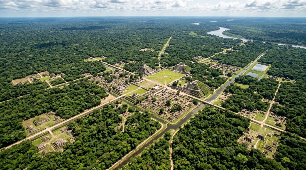Mapeamentos a laser revelaram estruturas pré-colombianas escondidas pela vegetação, incluindo vias, canais e áreas urbanas ligadas por redes regionais na Amazônia antiga
