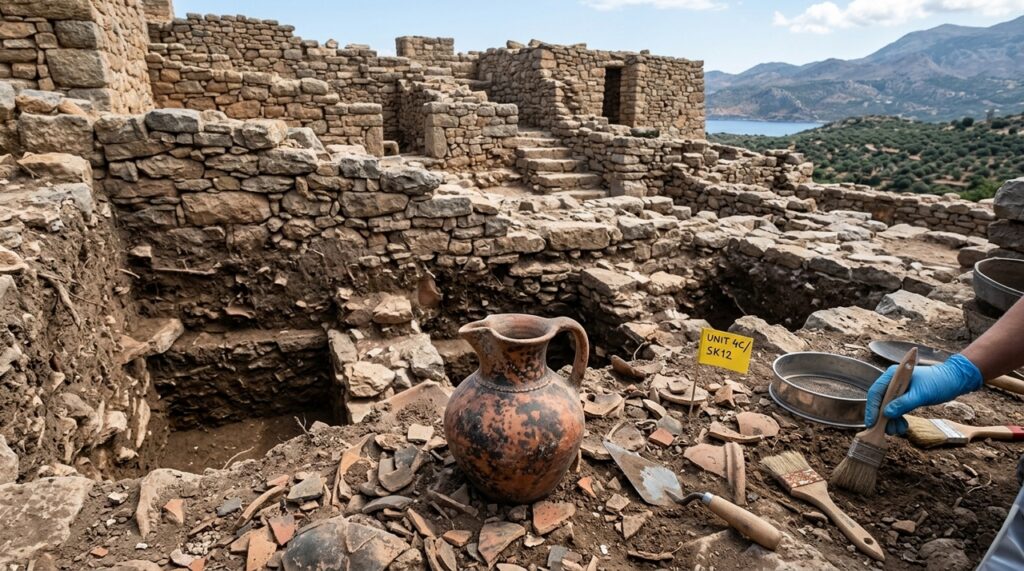 Cerâmica minoica de grande valor é encontrada preservada após permanecer escondida por mais de 3.000 anos sob uma antiga construção