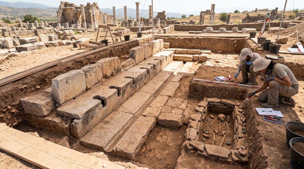 Arqueólogos encontram túmulo de 2 bebês em antiga latrina romana e detalhe da sepultura muda interpretação do achado