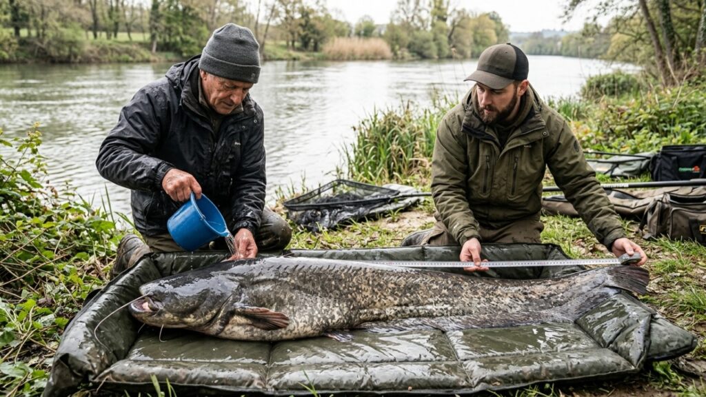 Dois pescadores saem para mais um dia comum de pesca, enfrentam 20 minutos de luta intensa e retiram da água um peixe gigante de 2,12 metros