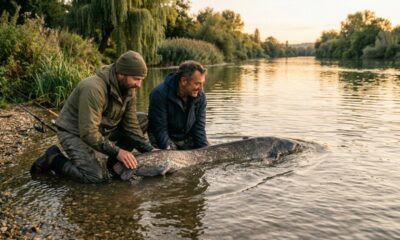 Dois pescadores saem para mais um dia comum de pesca, enfrentam 20 minutos de luta intensa e retiram da água um peixe gigante de 2,12 metros