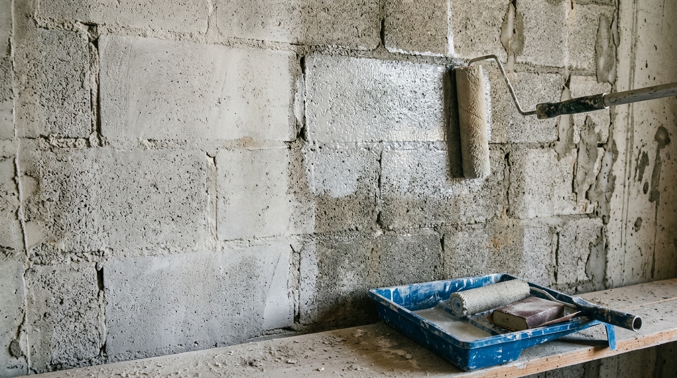 Profissional de impermeabilização ensina como recuperar a aparência da parede de alvenaria usando selador impermeabilizante para reduzir marcas de infiltração sem refazer o reboco