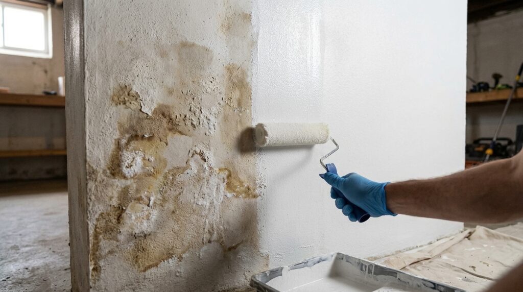Profissional de impermeabilização ensina como recuperar a aparência da parede de alvenaria usando selador impermeabilizante para reduzir marcas de infiltração sem refazer o reboco