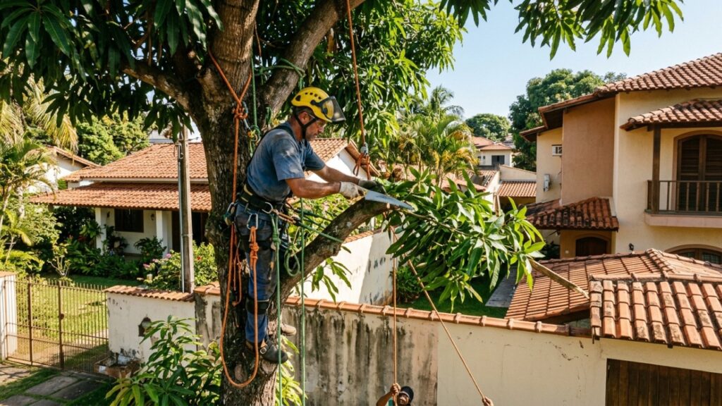 Galhos da mangueira do vizinho avançam 4 metros sobre o quintal, quebram telhas durante uma chuva forte e geram conflito sobre poda e indenização