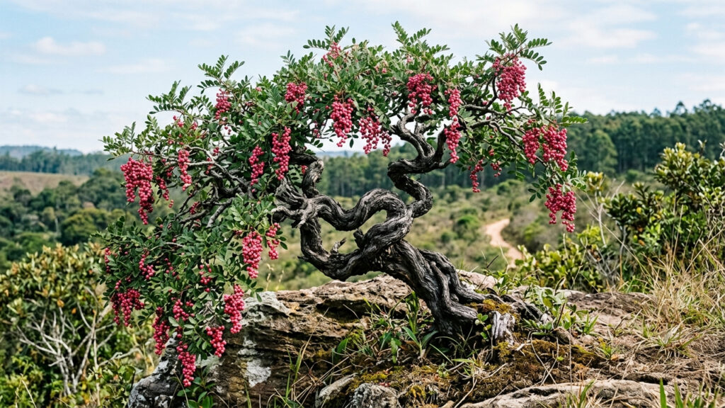 Essa árvore frutífera tem um tronco retorcido de bonsai e produz as famosas pimentas-rosa adocicadas que os chefs de cozinha amam usar