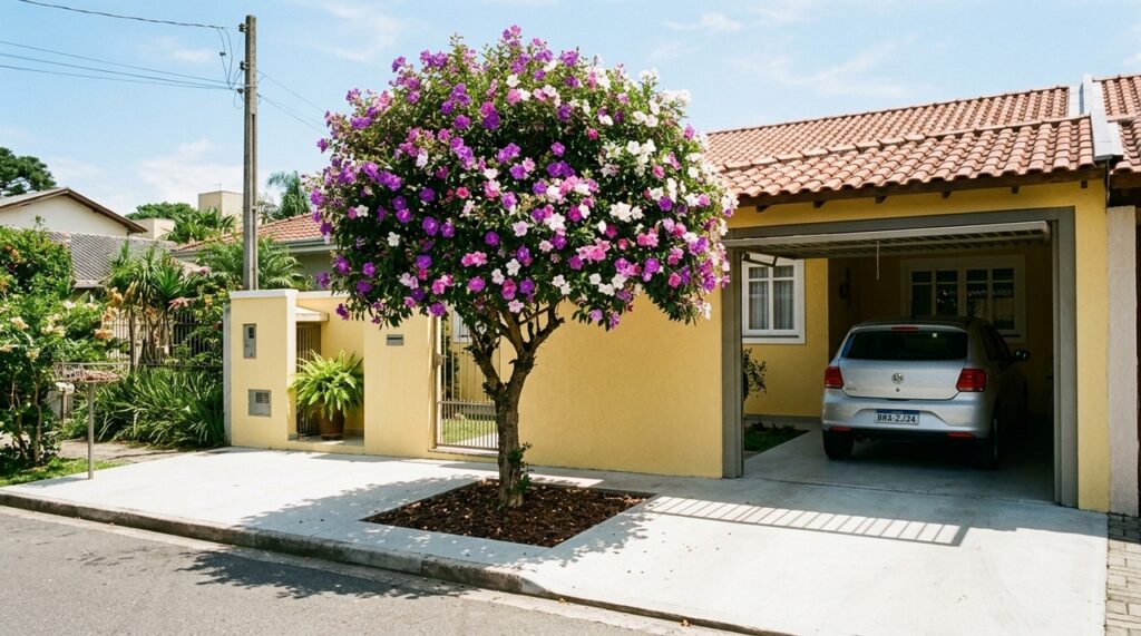 Morador planta árvores ao redor da garagem para reduzir o calor e descobre qual distância manter para evitar que as raízes levantem e quebrem a calçada