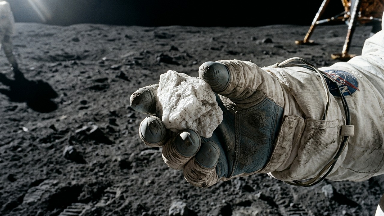 Em 1971, astronautas da Apollo 15 encontraram uma rocha branca na Lua que depois foi identificada como parte da antiga crosta lunar de 4 bilhões de anos
