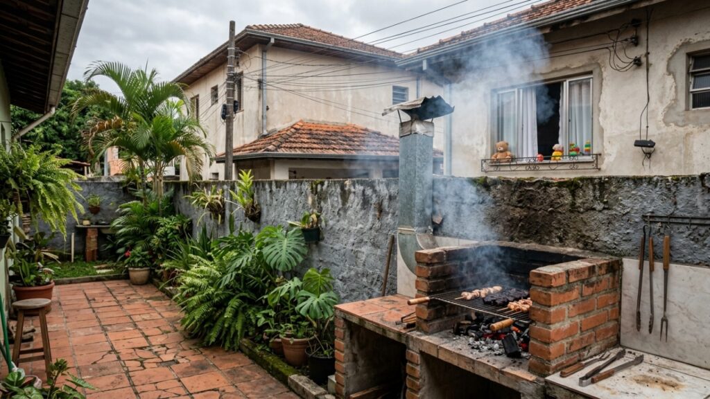 Fumaça da churrasqueira invade o quarto do bebê todos os domingos e vizinho diz que pode fazer o que quiser dentro do próprio quintal, e a família busca uma solução
