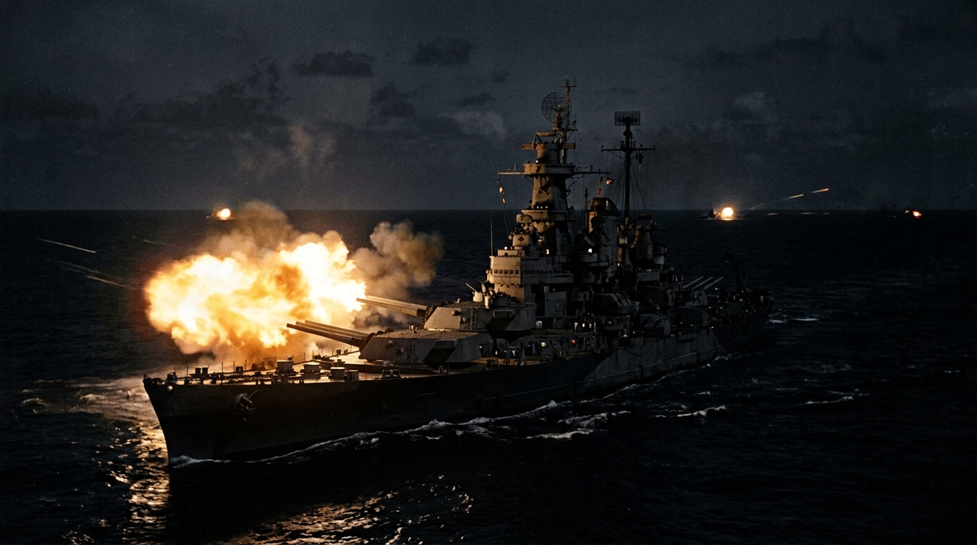 O USS Washington disparou 75 projéteis de dezesseis polegadas contra outro couraçado a menos de cinco milhas. Nenhum projétil japonês atingiu seu casco