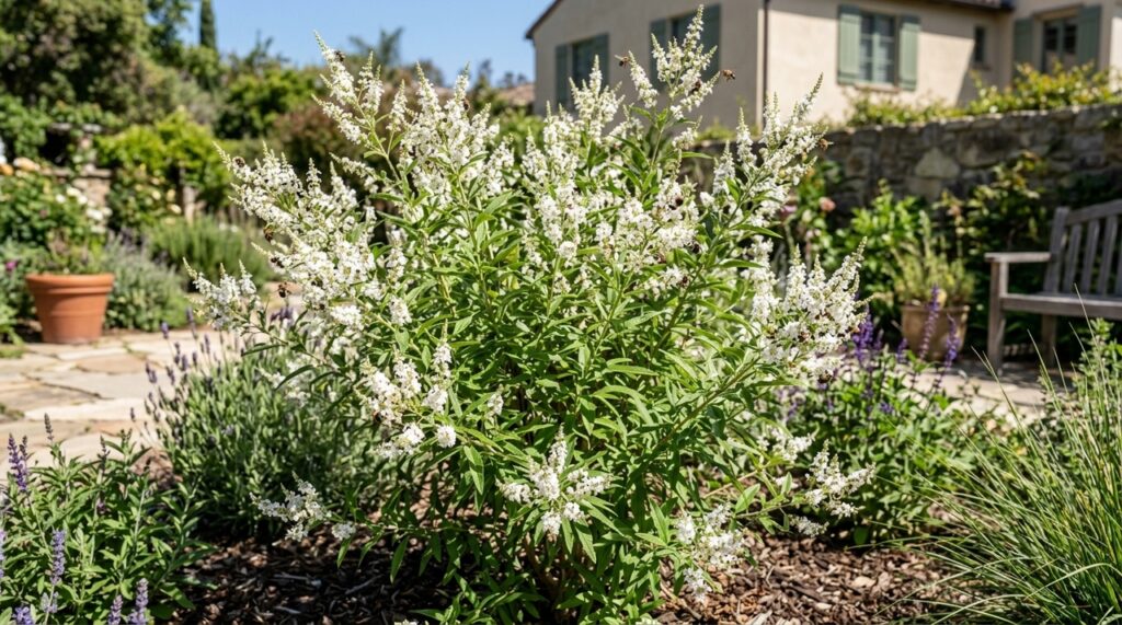 Essa planta arbustiva produz flores brancas perfumadas e atrai dezenas de abelhas para o jardim