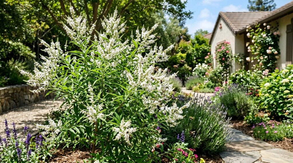 Essa planta arbustiva produz flores brancas perfumadas e atrai dezenas de abelhas para o jardim