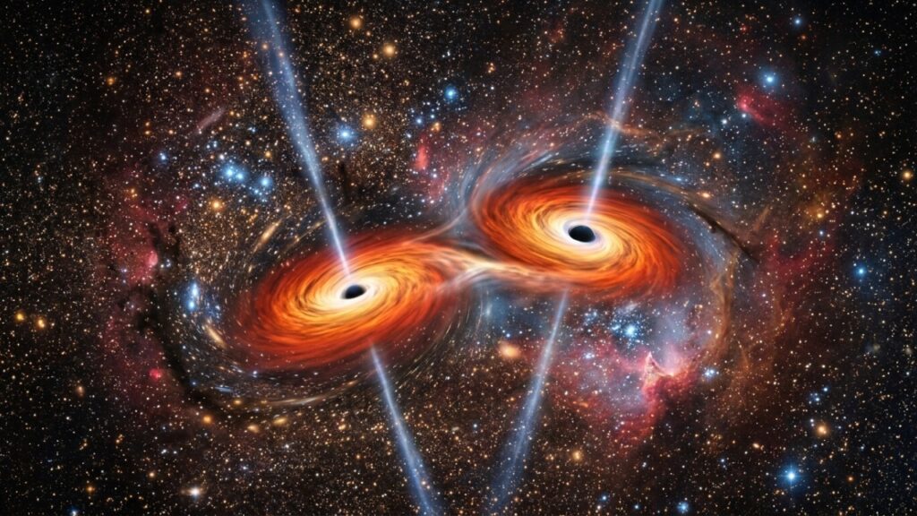 Astrônomos encontram trio de buracos negros massivos em galáxia a 12,5 bilhões de anos-luz, e dois deles estão separados por apenas 620 anos-luz
