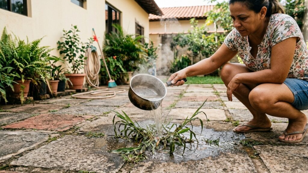 Coloque um copo de água sobre o chão: o truque de 5 minutos que ajuda a eliminar ervas daninhas entre pisos e calçadas