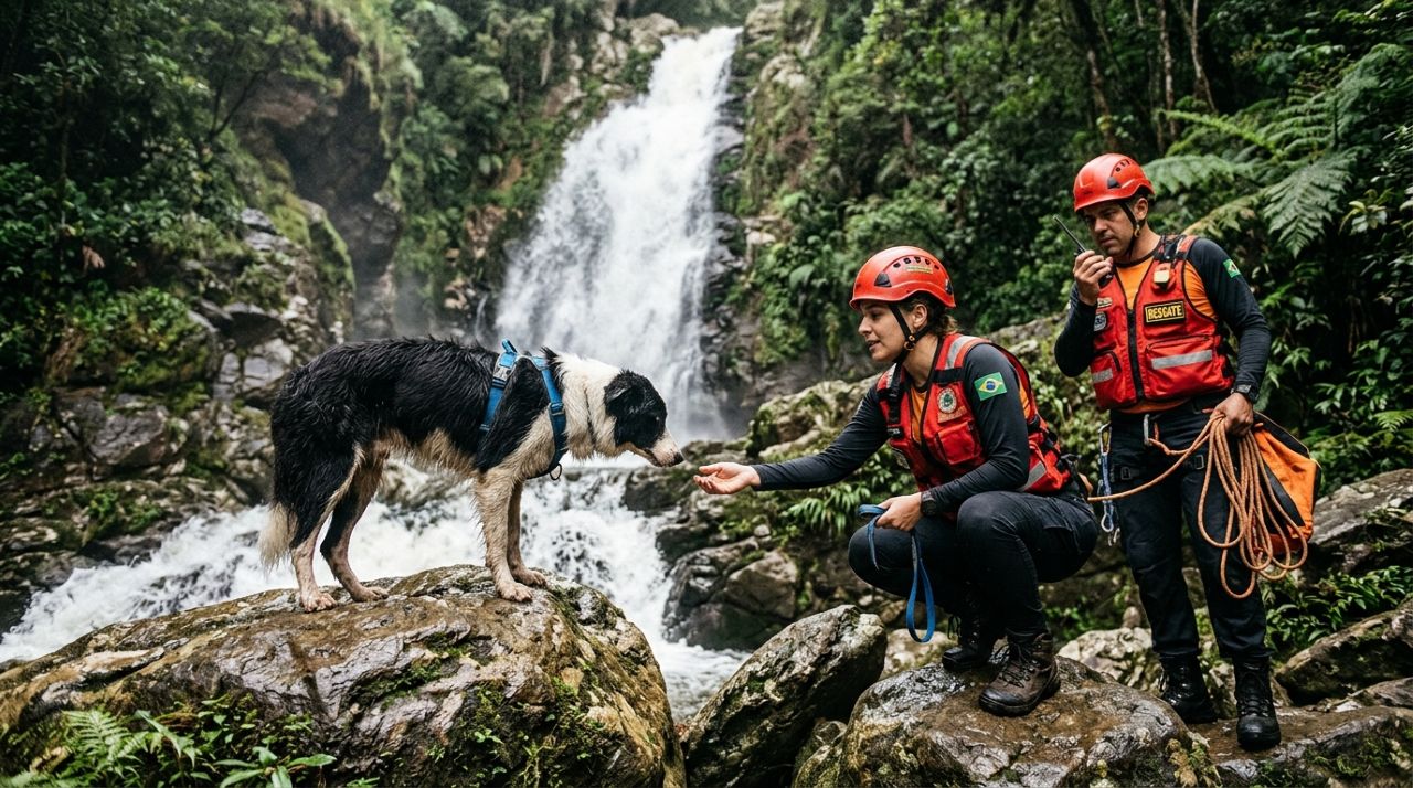 Cadela border collie perdida após acidente em cachoeira é resgatada e finalmente reencontra sua tutora