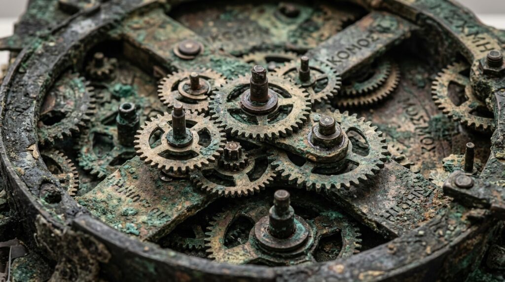 O mecanismo de Anticitera recuperado de um naufrágio romano em 1901 acabou sendo um computador de bronze acionado manualmente que podia prever eclipses e rastrear a órbita irregular da Lua, e nada de complexidade mecânica comparável apareceria em qualquer lugar da Terra por mais 1.400 anos