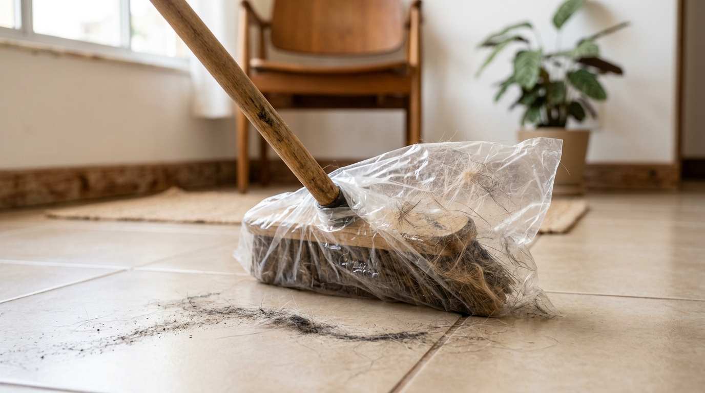 Enrolar um saco plástico na vassoura antes de varrer o chão da casa: por que é recomendado e para que serve