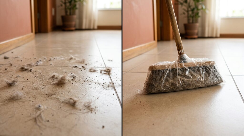Enrolar um saco plástico na vassoura antes de varrer o chão da casa: por que é recomendado e para que serve