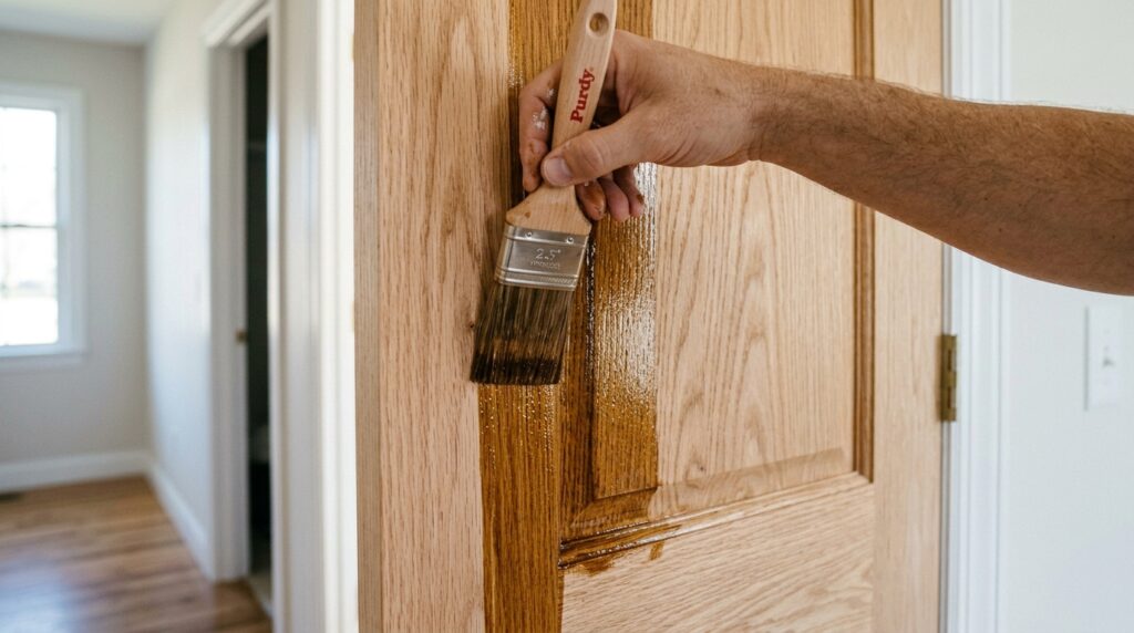 Profissional de pintura ensina como restaurar portas de madeira usando verniz stain para reduzir o desgaste sem remover o acabamento