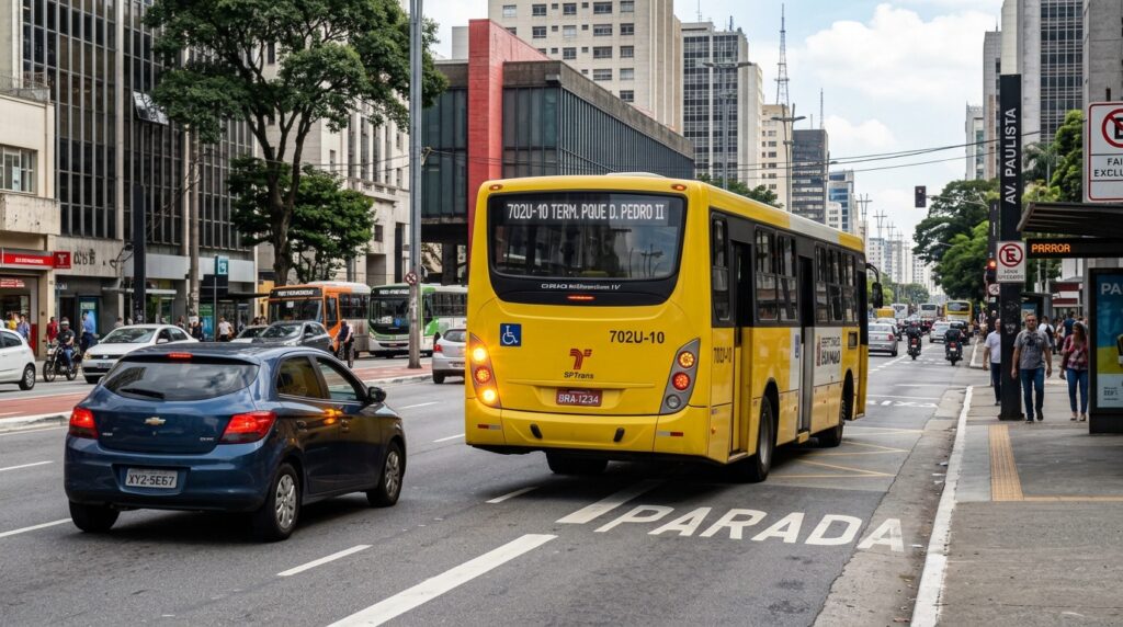Ônibus liga a seta para sair do ponto: quem está na faixa ao lado precisa dar passagem