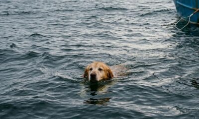 Pescadores encontram cachorro exausto nadando sozinho a mais de 1,5 km da costa, puxam o animal para o barco e protagonizam um resgate emocionante