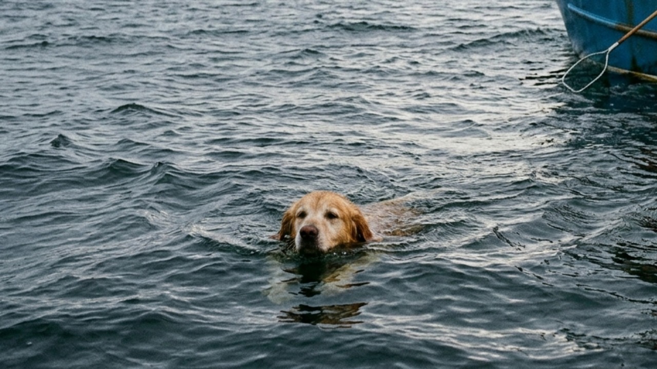 Pescadores encontram cachorro exausto nadando sozinho a mais de 1,5 km da costa, puxam o animal para o barco e protagonizam um resgate emocionante
