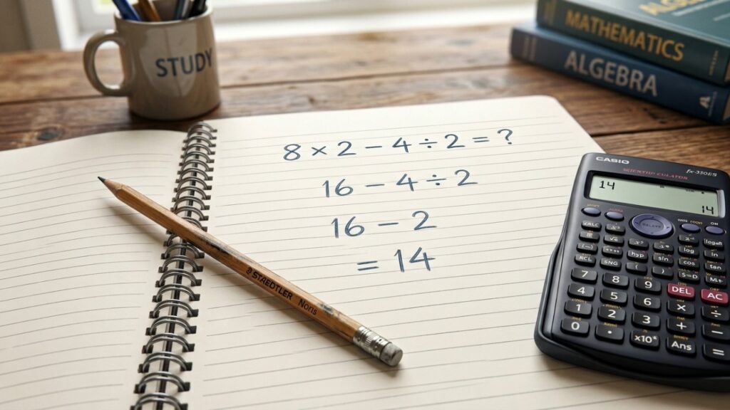 Só quem observa com calma consegue perceber onde a conta se perdeu: 8 × 2 − 4 ÷ 2 = 6
