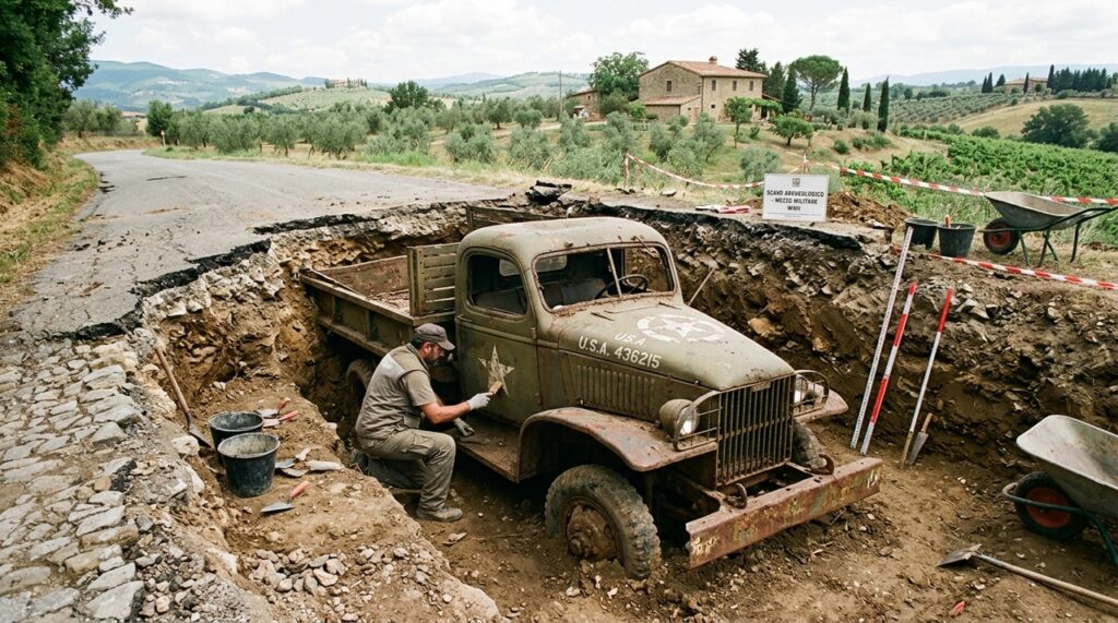 Caminhão militar americano usado durante a Segunda Guerra Mundial é encontrado soterrado sob uma estrada italiana após décadas