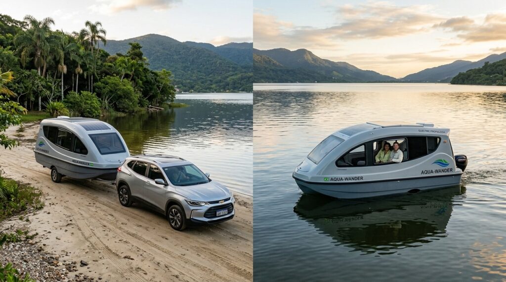 Uma caravana capaz de rodar em estradas e navegar em lagos chama atenção pelo conceito híbrido, interior modular e propulsão elétrica voltada ao turismo recreativo