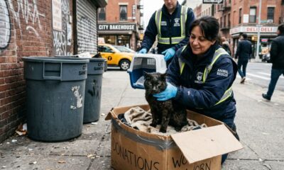 Gerente encontra caixa lacrada atrás de lixeiras e descobre um animal dócil lá dentro