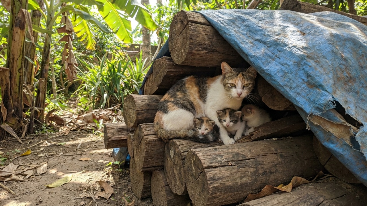 Mulher se aproxima de pilha de madeira após notar algo estranho e descobre uma mãe protegendo seus filhotes