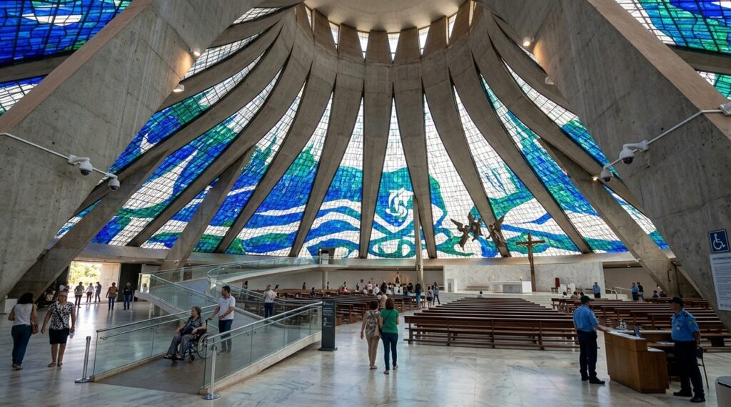 Construída no século XX para abrigar importantes celebrações religiosas, a Catedral de Brasília utiliza formas geométricas e elementos estruturais para representar a arquitetura moderna do país