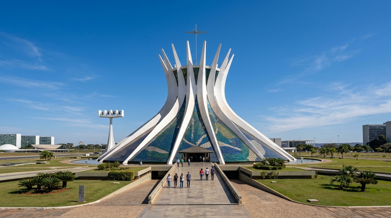 Construída no século XX para abrigar importantes celebrações religiosas, a Catedral de Brasília utiliza formas geométricas e elementos estruturais para representar a arquitetura moderna do país
