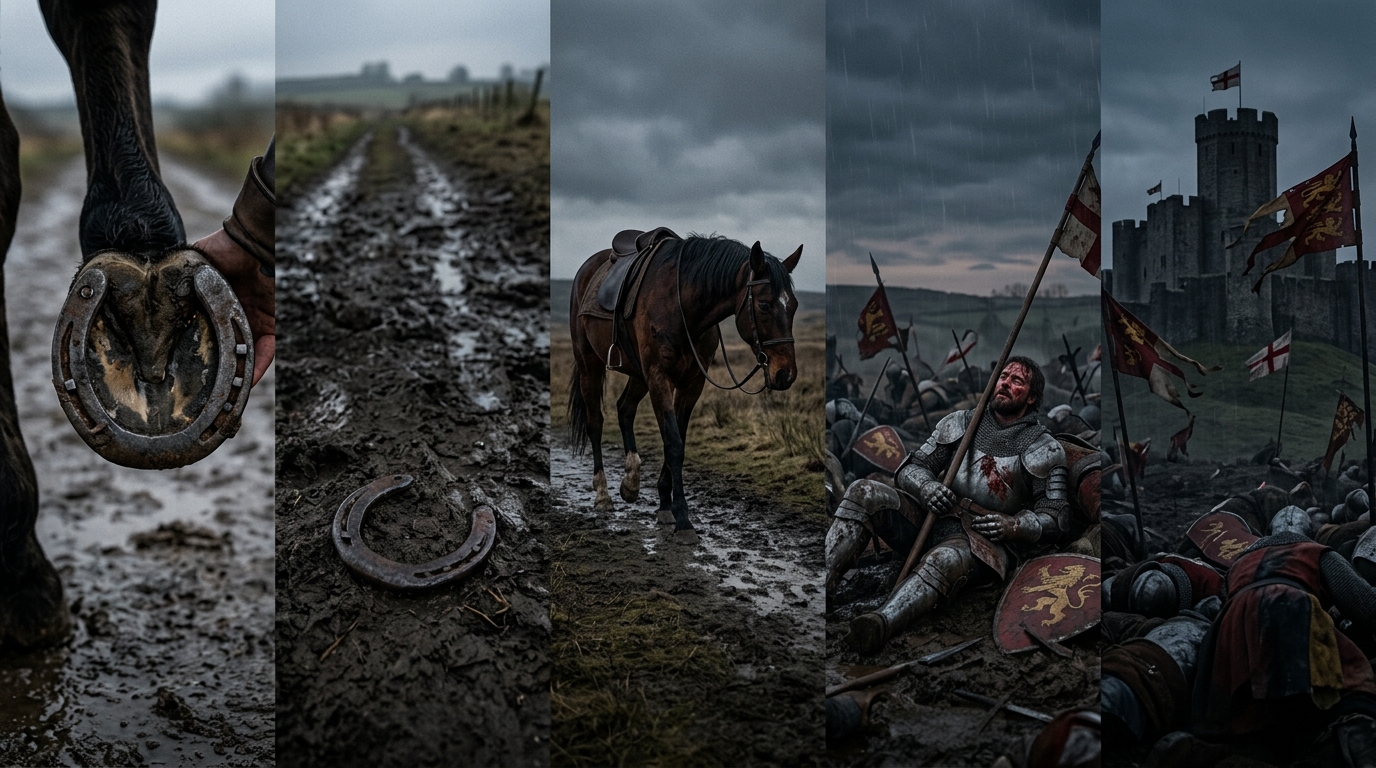 Provérbio inglês do dia: "Por falta de um prego perdeu-se a ferradura, por falta da ferradura perdeu-se o cavalo, por falta do cavalo perdeu-se o cavaleiro, por falta do cavaleiro perdeu-se a batalha e por falta da batalha perdeu-se o reino" — um ditado que ensina sobre negligência e como pequenos descuidos derrubam construções inteiras